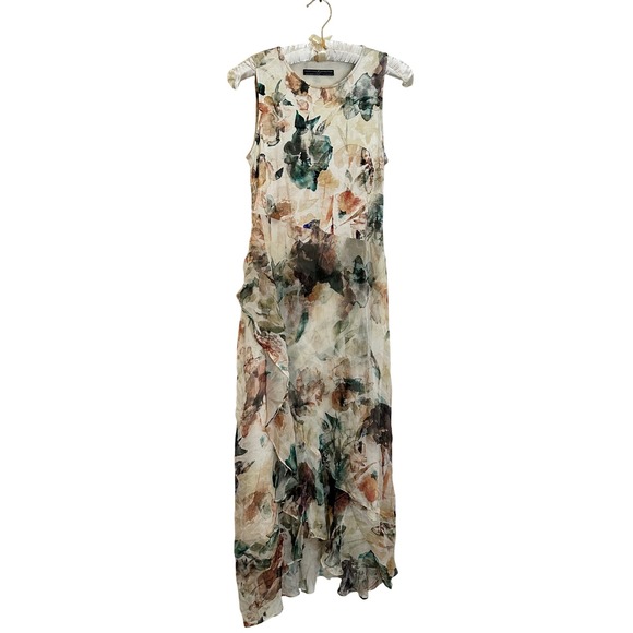 Peruvian Connection Dresses & Skirts - Peruvian Connection Sleeveless Maxi Dress Size 2 Cream Watercolor Chiffon Ruffle